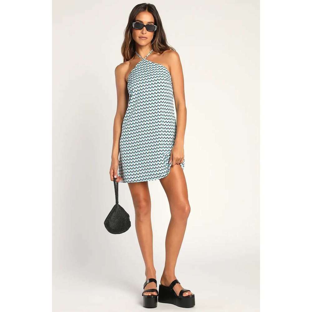 Lulus Got the Groove Blue Geo Diamond Print Halter Mini Dress Medium Mod Retro